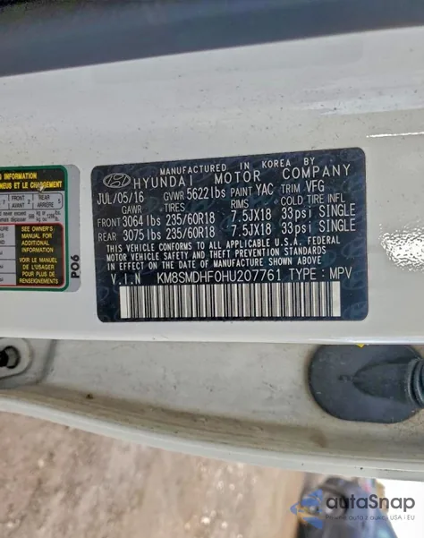 2017 Hyundai Santa Fe Se z USA, uszkodzony, nr VIN KM8SMDHF0HU207761